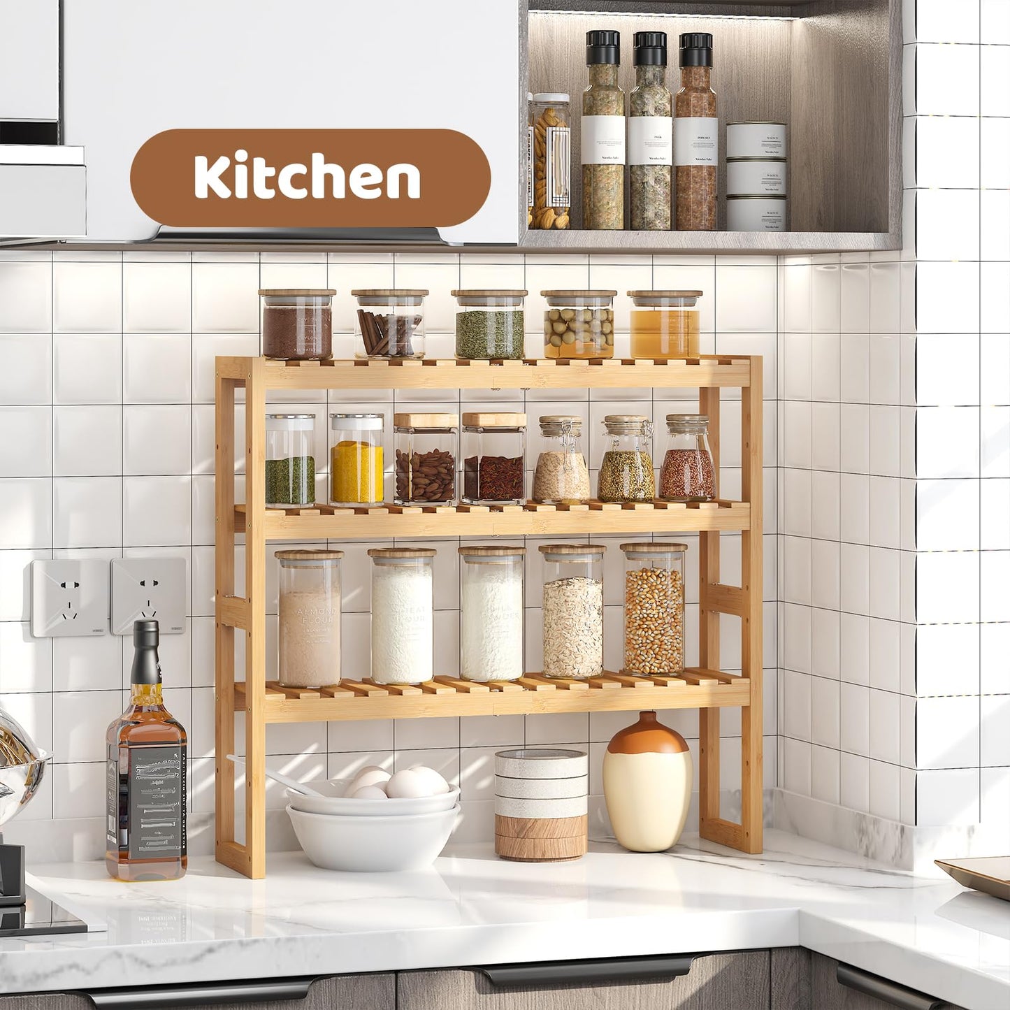 FILWH Bamboo Organizer Rack - Adjustable 3-Tier Storage Shelf, Wall Mounted or Over The Toilet, Living Room, Kitchen (Natural)