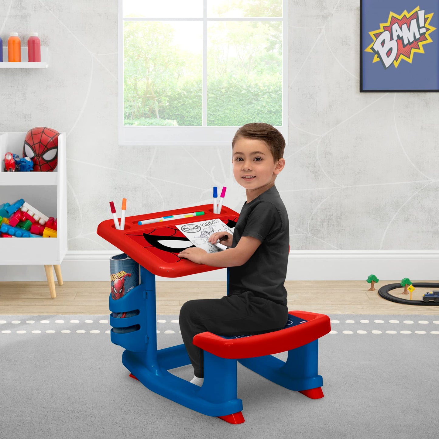 Spider-Man Draw and Play Desk by Delta Children – Includes 10 Markers and Coloring Book, Blue