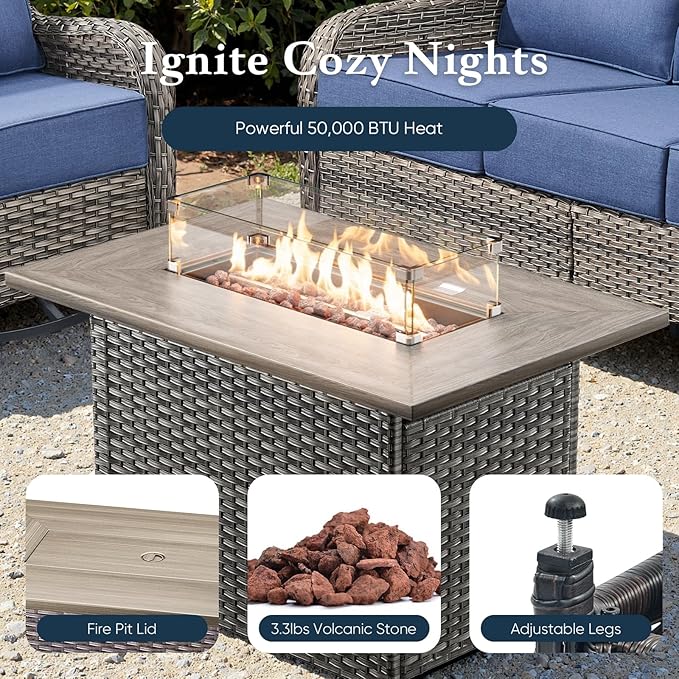 Belord Luxury 6" Thick Cushioned 7 Pieces Patio Furniture Set with Fire Pit Table, Wicker Outdoor Conversation Set with High Back Swivel Rocker Chairs for Deck Porch Yard and Poolside - Grey+Beige