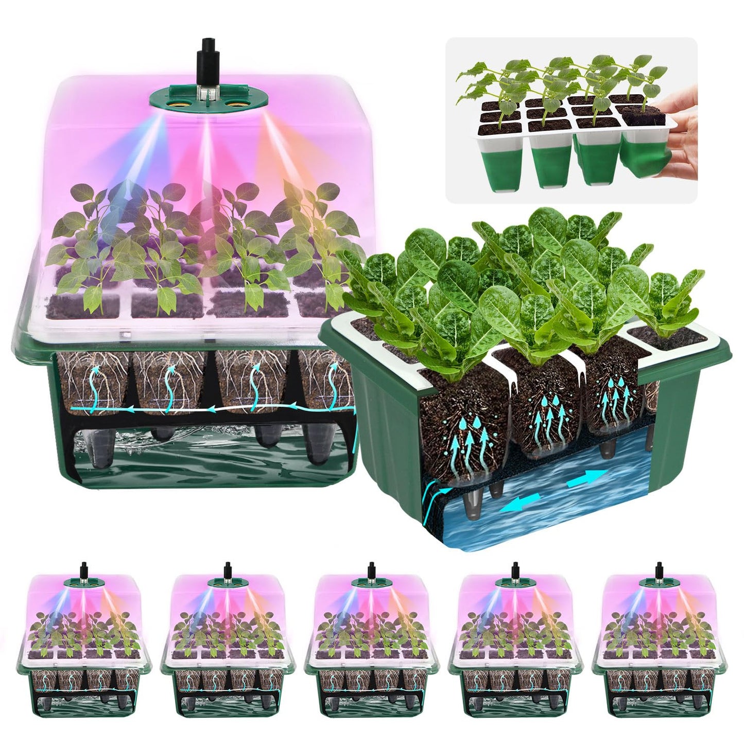5PCS 60 Cell Self Watering Seed Starter Tray with Grow Light, Reusable Silicone Seed Starter Kit with Humidity Dome, 60 Cells Plant Germination Trays for Seeding Planting Growing（5-Pack 60-Cell）