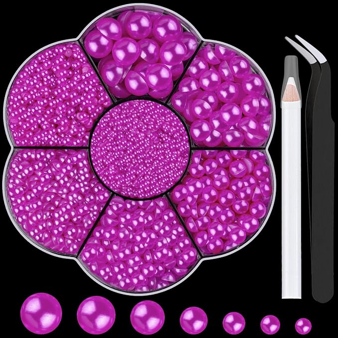 Nail Art Flat Back Half Round Pearl Kits 26, 1 Box of 6000 Pcs Flat-Back Rose Red with Tweezer and Picker Pencil for Home DIY Nails Body Face Craft and Salon Use