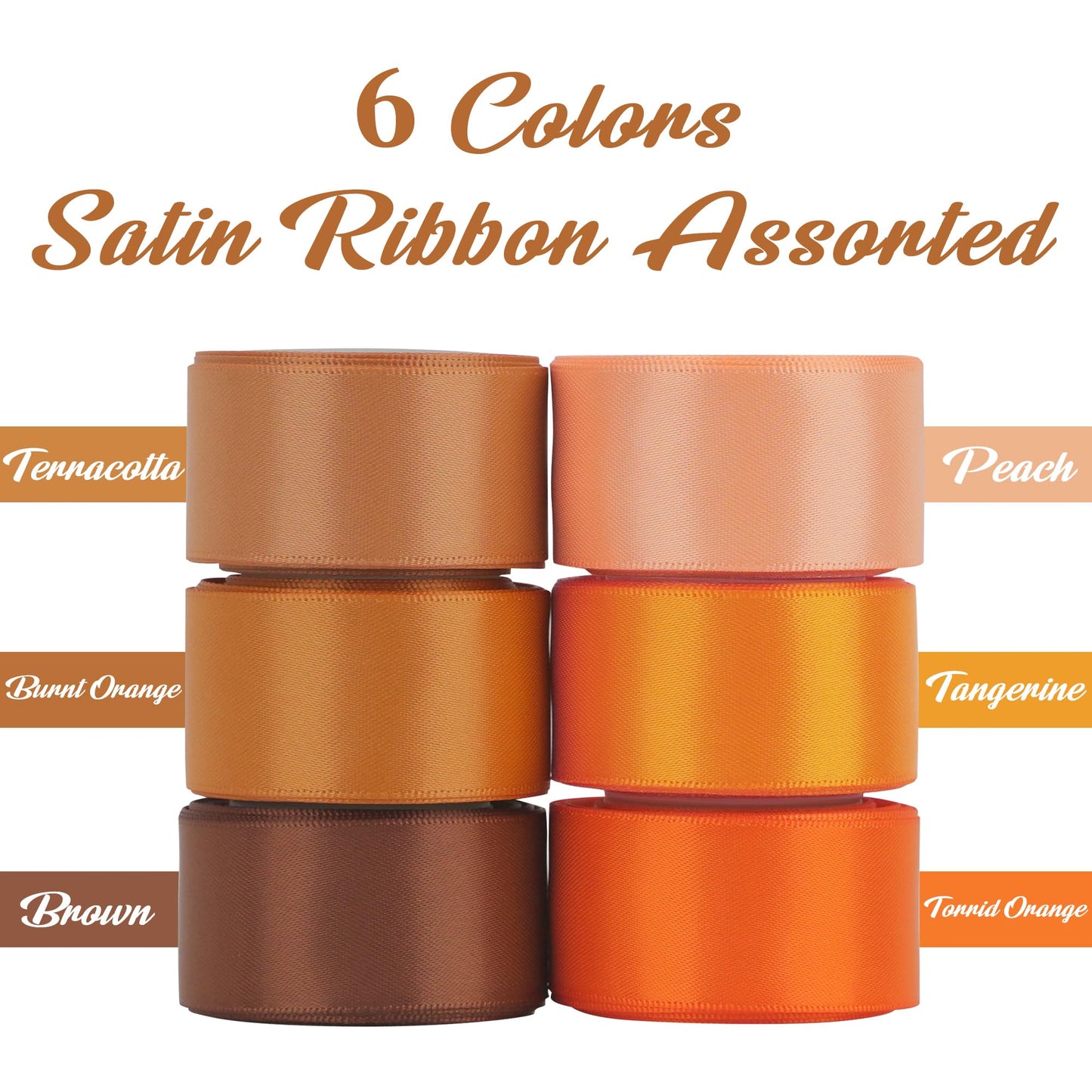 HUIHUANG Terracotta Ribbon 1 inch Orange Double-Faced Satin Ribbon Pack 6 Rolls, Silk Satin Ribbons for Fall Wedding Flower Bouquet Wrap Hair Bows Making Gift Wrapping and Crafts- Total 30 Yards