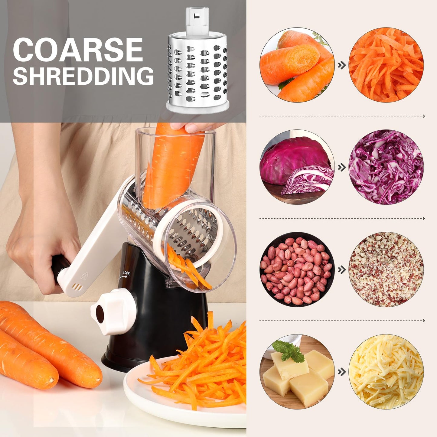 Cambom Rotary Cheese Grater Hand Crank Cheese Shredder for Fresh Cheese, Vegetable, Nuts,Non-slip Suction Base, Three Blades, Black