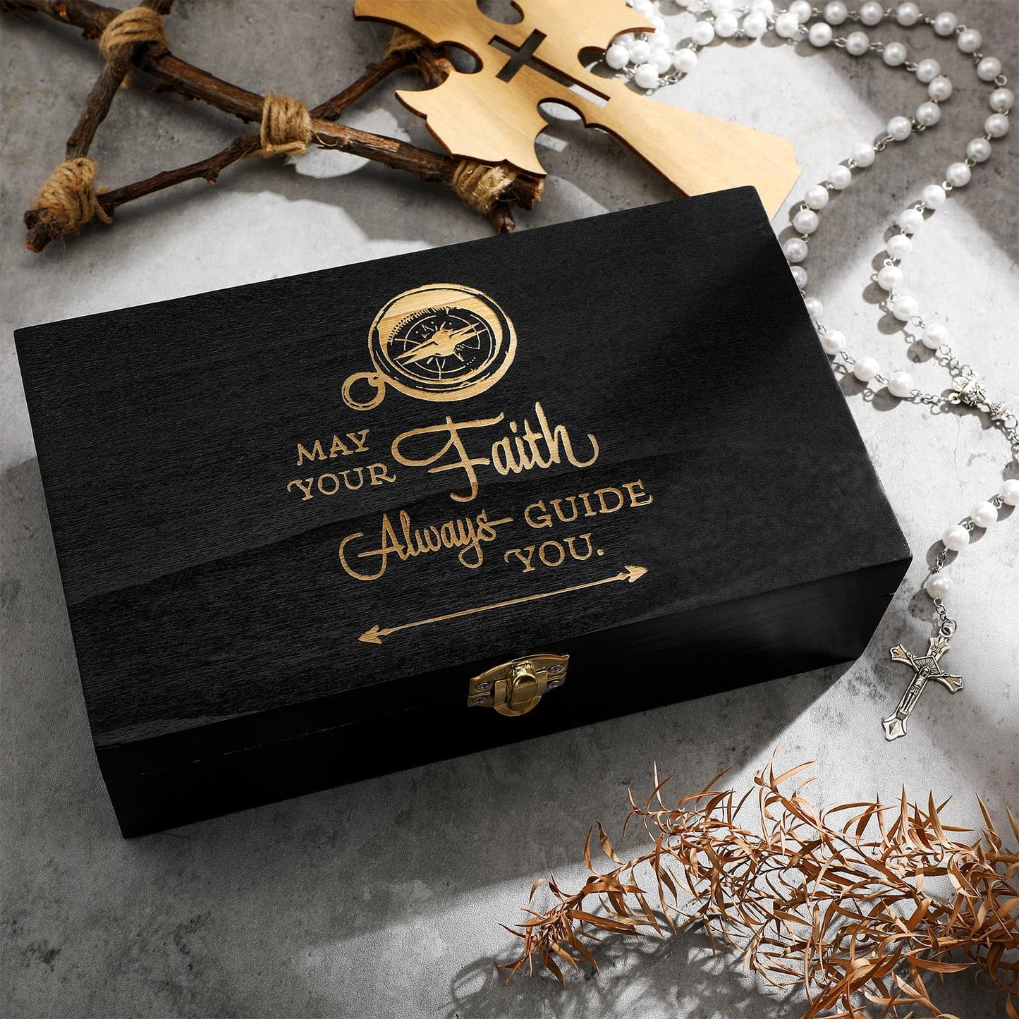 CroBlissful First Communion Wooden Box Keepsake Baptism Memory Box Gift 8.6 x 5.1 x 2.4 Inches First Holy Communion Jewelry Storage for Baptism Memory Keepsake (Confirmation)