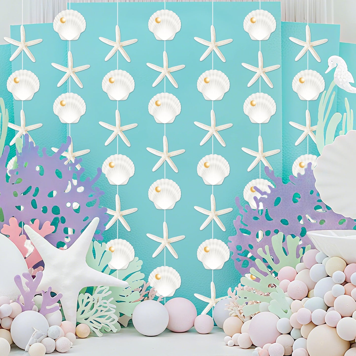 8pcs Beach Seashell Party Hanging Garlands Ocean Seashell Party Decorations Starfish Theme Room Wall Decor for Natural Beach Sea Baby Shower Supplies