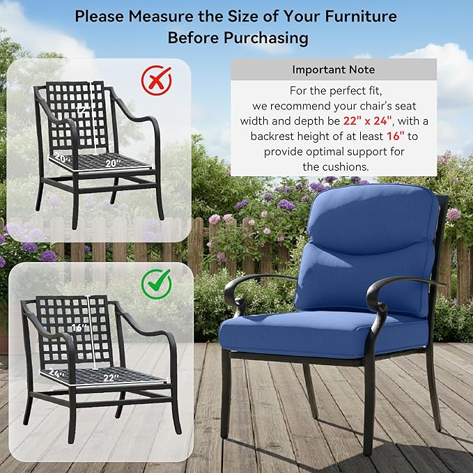 Patio Chair Cushions 4 Packs - Outside High Back Thick Water-Resistant Cushion 22x24 with Zipper Cover for Outdoor Glider Rocking Chairs Loveseat Couch – Blue/Crescent