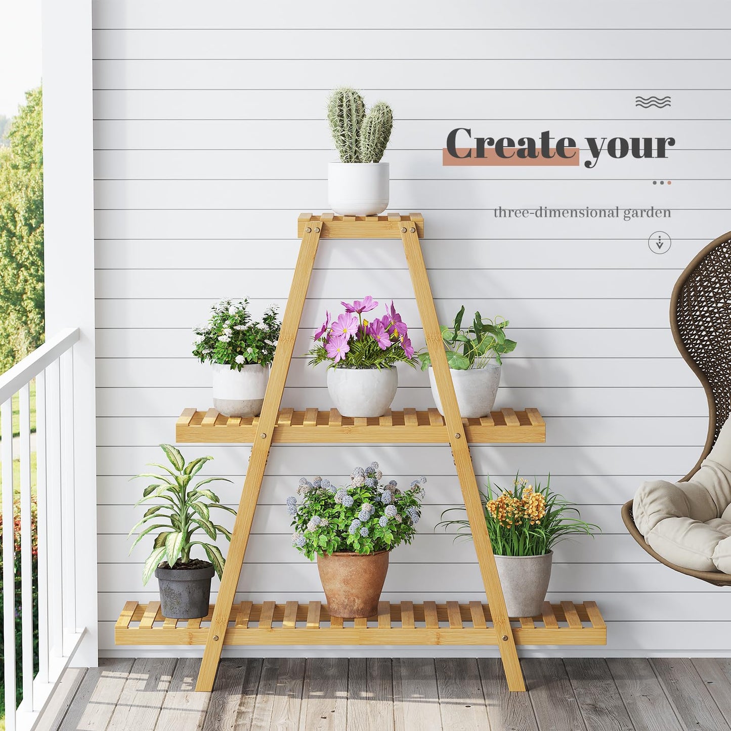STDDRE Plant Stand For Indoor Outdoor Tiered Plant Shelf 3 Tier 8 Potted Bamboo Flower Holder Ladder Rack For Multiple Triangle Table Plant Pot Stand (Natural)