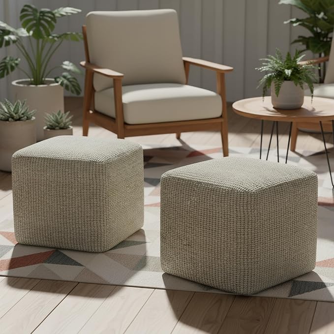 SIMPLIHOME Zelma Square Pouf – 18 inch Wide Upholstered PET Polyester Ottoman in Cream and Natural, Boho Indoor/Outdoor Footstool or Extra Seating for Living Room, Bedroom, or Patio, Assembled