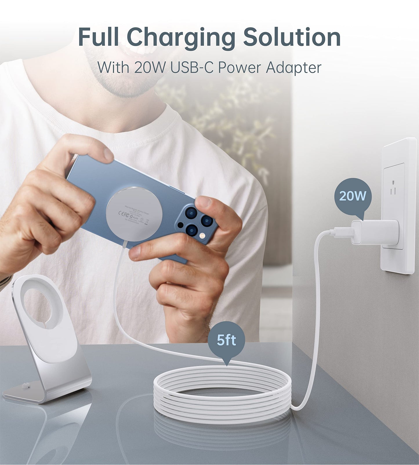 Magnetic Wireless Charger for iPhone 17/16/15/14/13/12 - Mag Charger+20W USB C Adapter, Fast Wireless Charging Stand/Pad with 5ft USB-C Cable for iPhone 17/16/15/14/13/12, Airpod-Gift for Men & Women