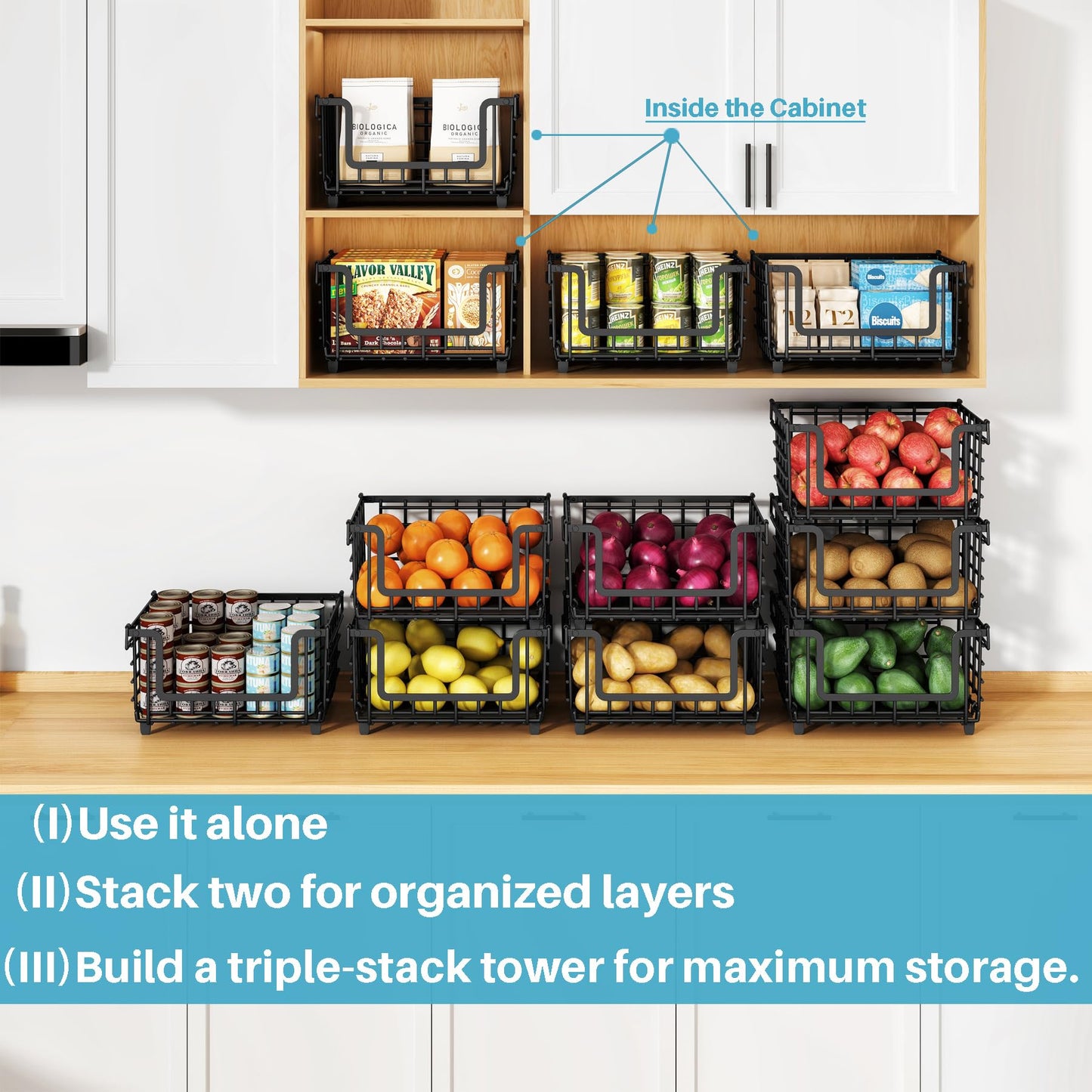 2 Pack Stackable Metal Wire Vegetable Fruit Basket for Kitchen Counter Cabinet, Pantry Organizers and Storage Basket, Food Can Snack Onion Potato Bread Storage Shelf Freezer Organizer Bins Containers