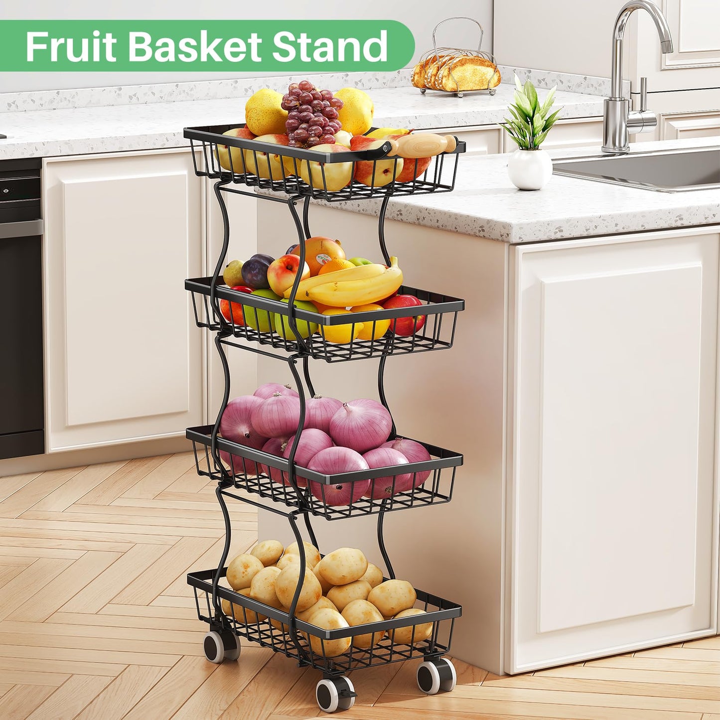 SAYZH Fruit Basket Kitchen Pantry Organizers and Storage - 4 Tier Stackable Metal Wire Basket Stand for Fruit Vegetable Snacks Jars Bins Containers Organization(Black, 4 Tiers)