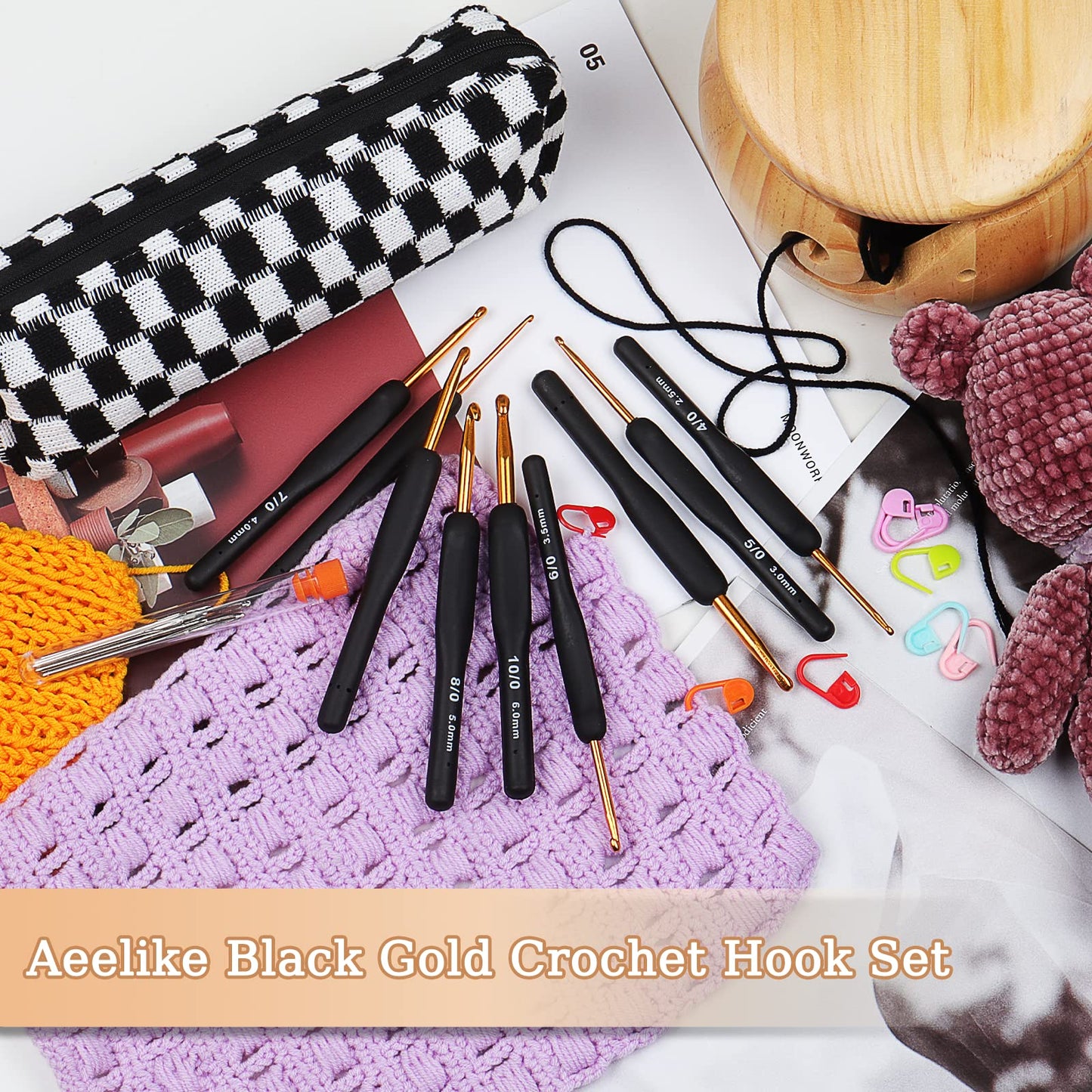 Aeelike 31pcs Crochet Hook Set, Black Gold Crochet Hooks Ergonomic with Grips for Arthritic Hands, Crochets Needles Set with Knitting & Crochet Supplies, Ideal Gift for Crocheting Beginner Lover