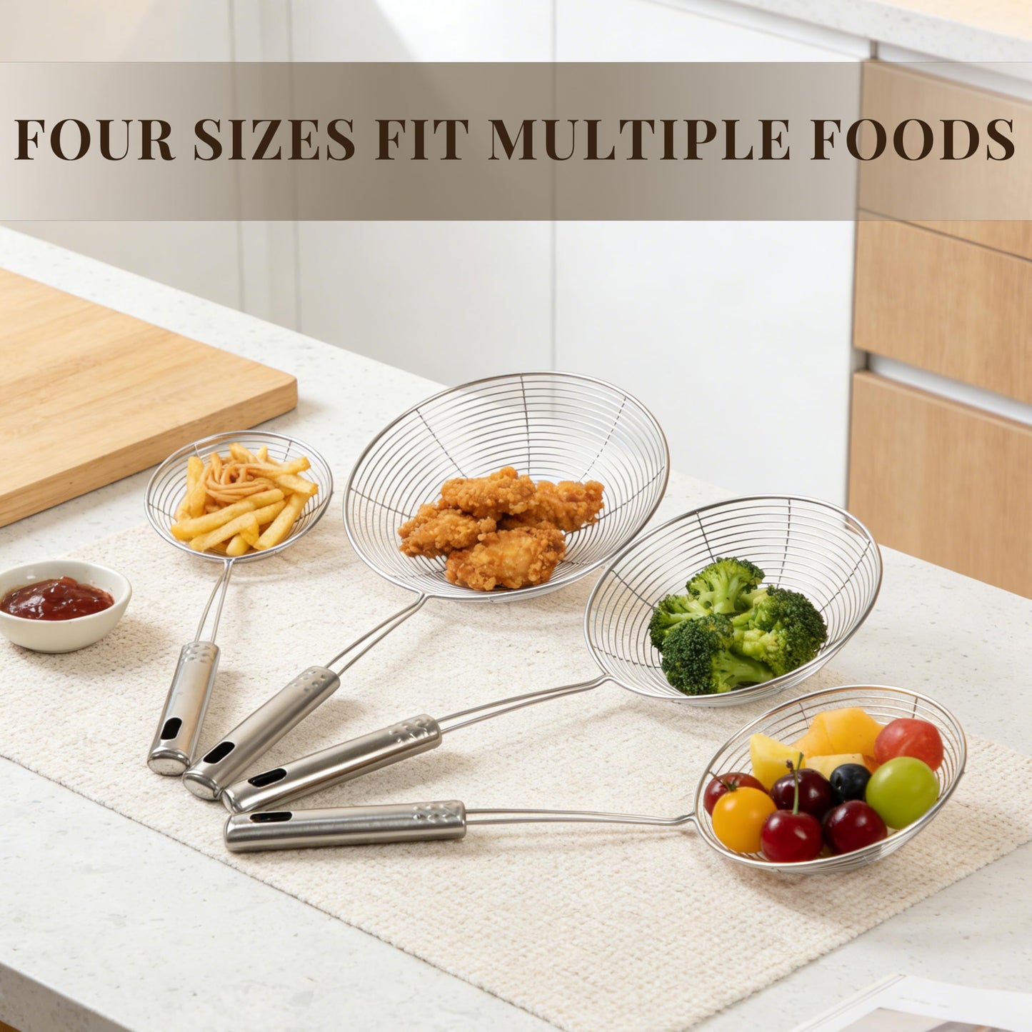 BAOKARU Spider Strainer Fine Mesh & Skimmer Spoon 4-Piece Set, Stainless Steel Pasta Ladle with Long Handle for Frying, Cooking and Carnitas (4.7”+5.5”+7.1”+8.7”)