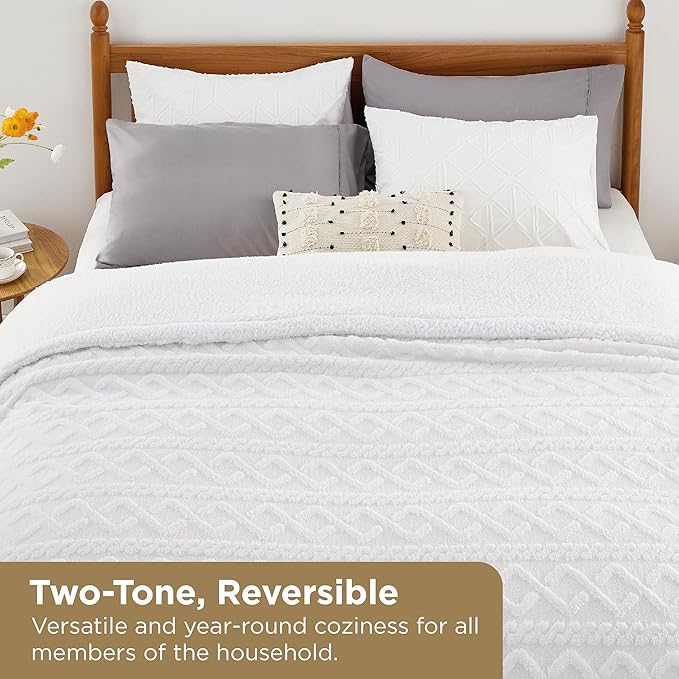 Bedsure Sherpa King Size Blanket for Bed- GentleSoft Fleece Fluffy & Cozy Cable Jacquard Tufted for Women Gift, Thick and Warm Blankets for Winter, White, 108x90 Inches
