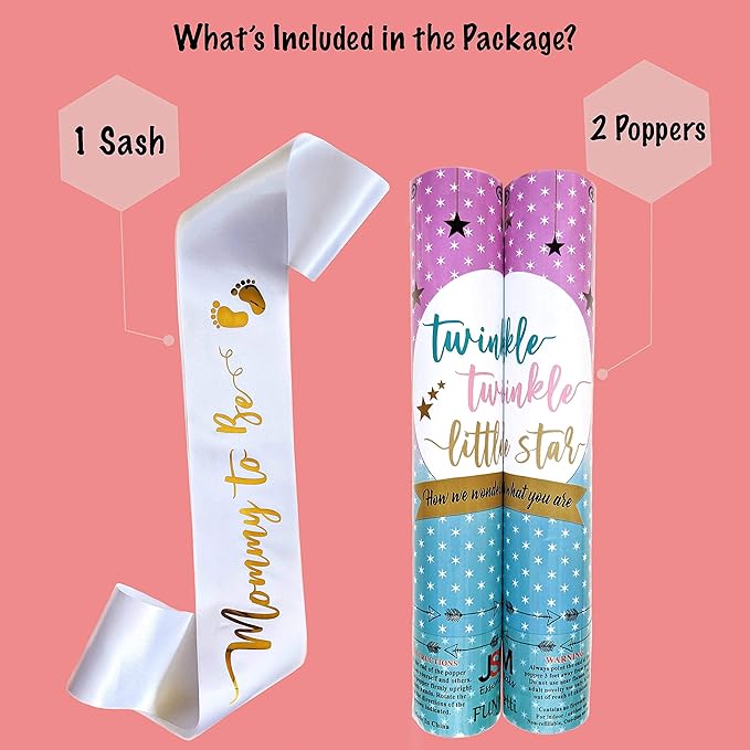 Gender Reveal Cannon Blue Confetti Popper | Mommy to Be Sash in Satin White with Gold Letters | Themed Party: Twinkle Twinkle Little Star (Blue, Set of 2)