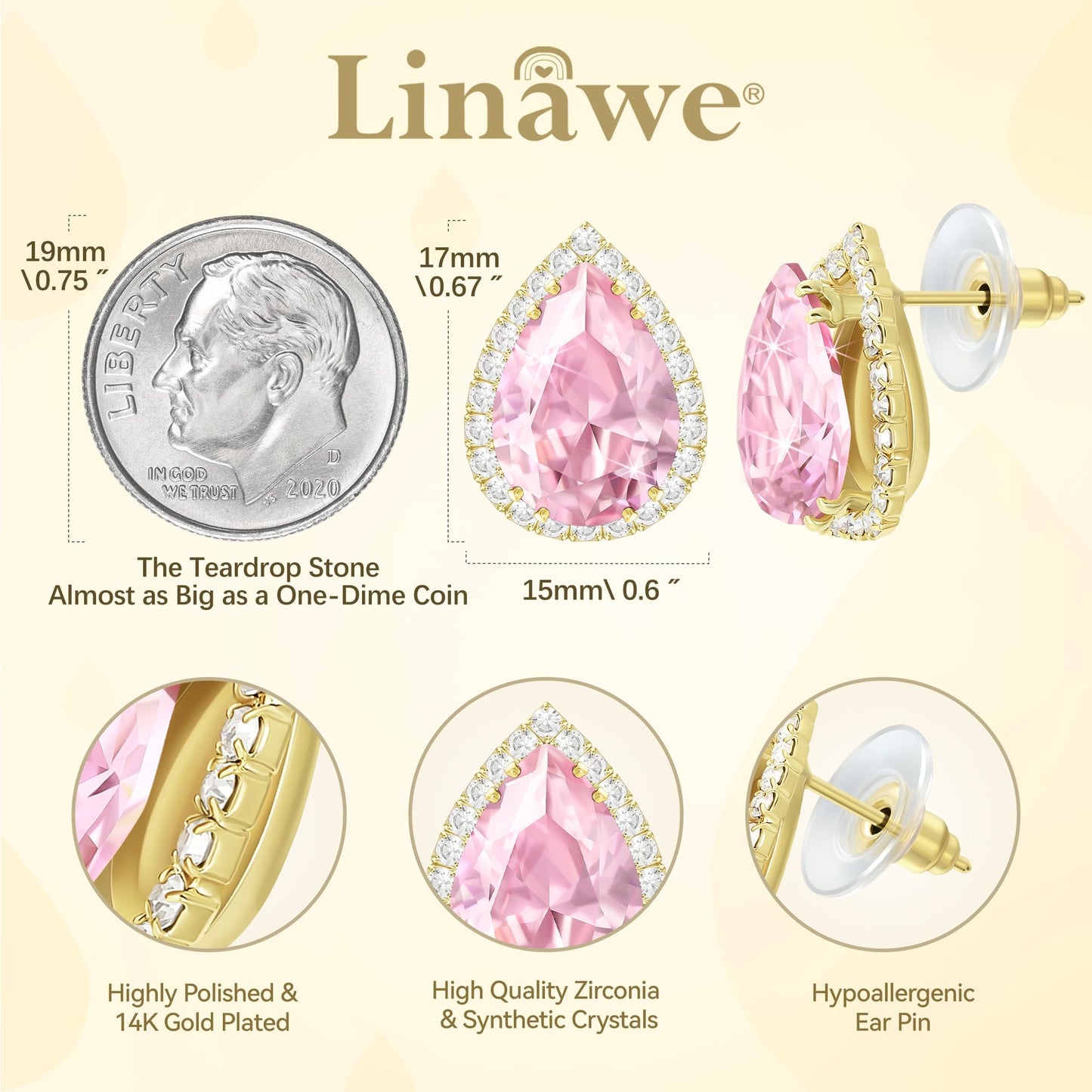 Linawe Pink Earrings Studs for Women, Imitation Diamond Morganite Cartilage Earring Set, Gold Stud Earrings Iridescent Rhinestone Crystal Teardrop Earrings Hypoallergenic