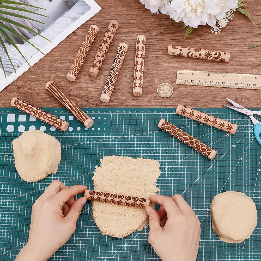 UNICRAFTALE 10Pcs Wooden Clay Texture Rollers Set for Pottery 10 Styles Ceramics Potters Stamp Roller Tools 102mm Textured Rolling Pins Modeling Pattern Rollers Kit for DIY Handmade Art Supplies