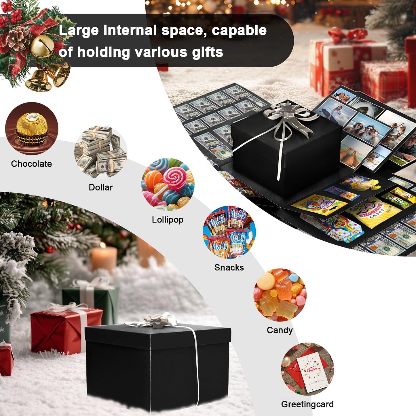 4-Layer Explosion Gift Box, 10''x10''x7'' Black Creative Gift Boxes for Presents, DIY Surprise Gift Box Explosion for Birthday Birthday Easter Mother's Day and Father's Day Anniversaries (Black)