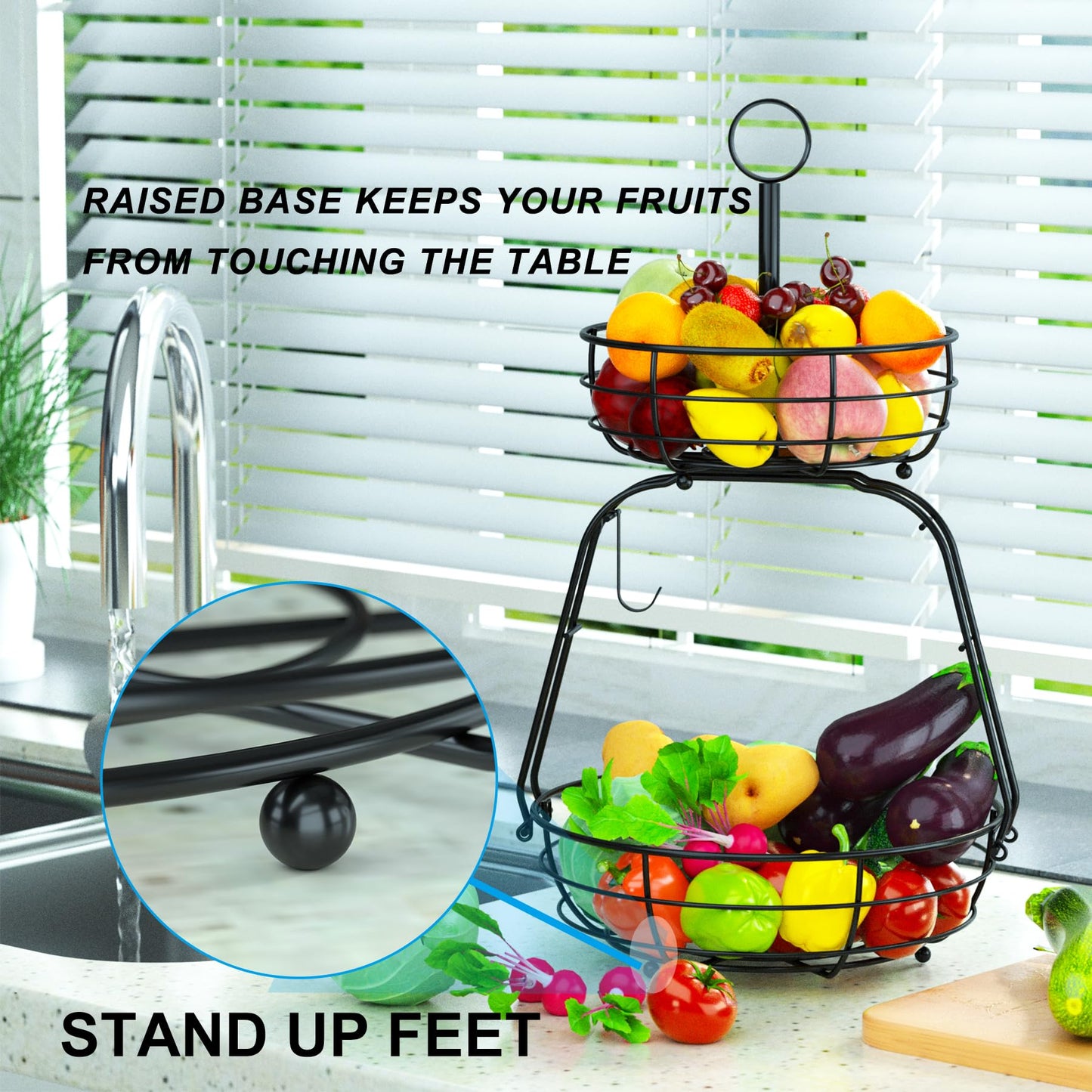 ASTLIHO House Warming Gifts New Home, Fruit Basket for Kitchen Counter, 2 Tier Countertop Fruit Bowl Vegetable Baskets with Banana Hanger, Storage Basket for Snack, Home Decor, Kitchen Appliances