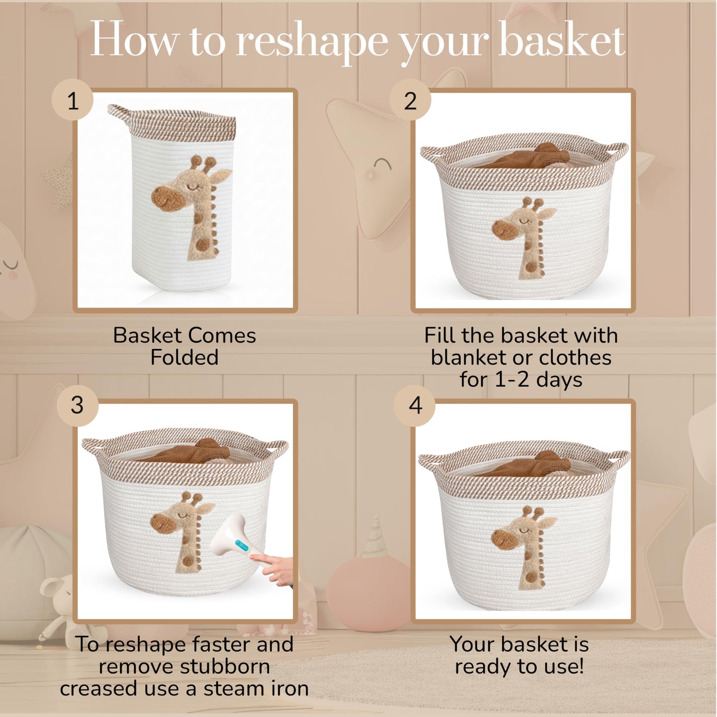 Giraffe Storage Basket for Nursery – Large 15”x11” Cotton Rope Bin with Soft Felt Animal Patch – Toy Organizer, Baby Laundry Hamper, Diaper & Towel Holder – Foldable, Washable & Baby-Safe