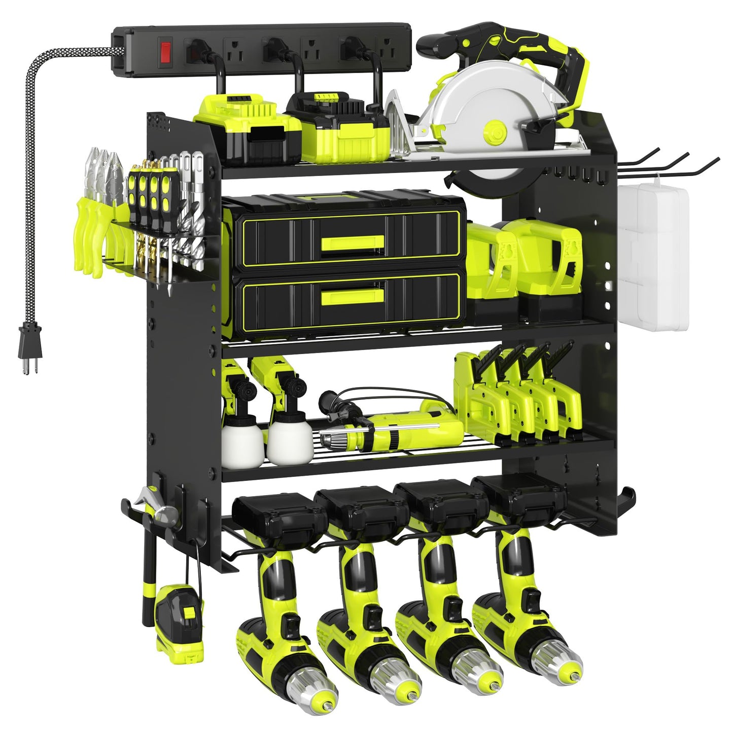 CFMASTER 4 Layer Heavy Duty Power Tool Organizer Wall Mount with Charging Station, Adjustable Metal Storage Rack, 6 Outlets Strip, Drill Holders, Hooks & Drill Bit Rack for Garage, Workshop, Black