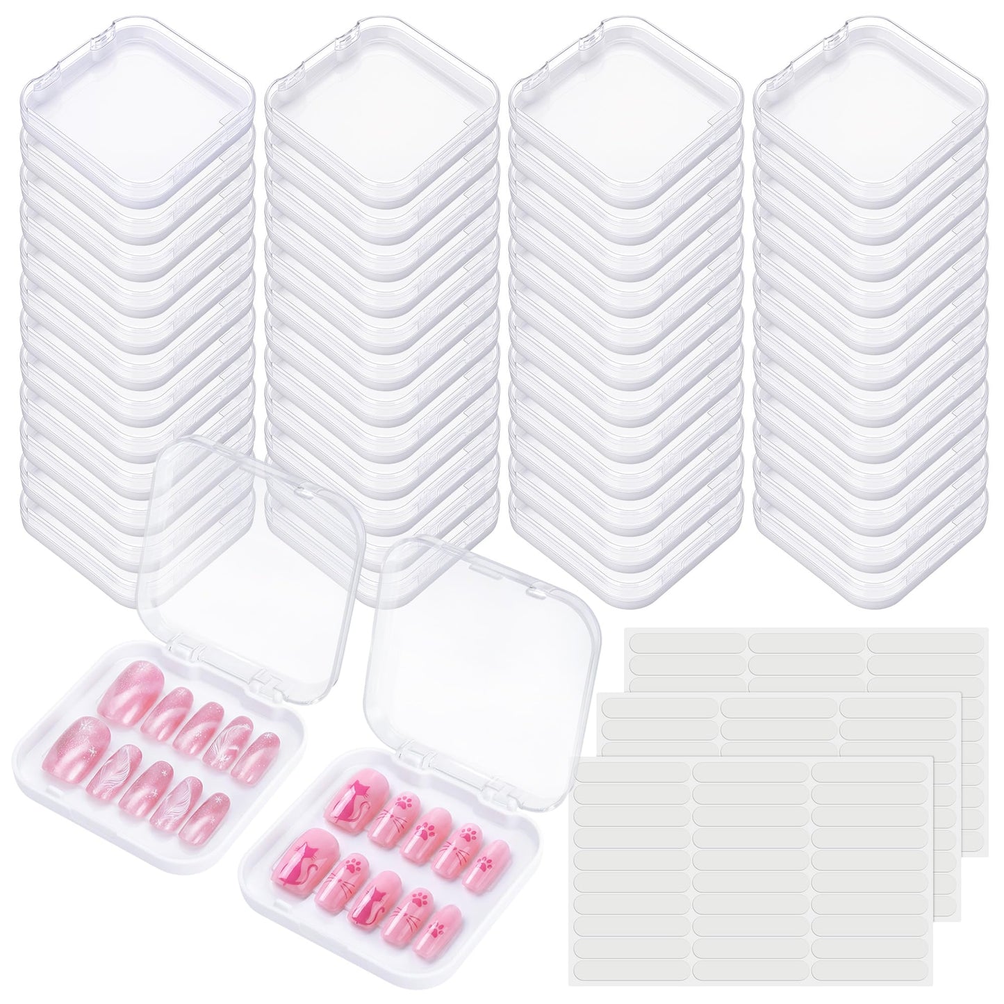 AceOrbit Press on Nail Boxes with 180 Pcs Adhesive Double Sided Tape Acrylic Press on Nail Packaging Cases Transparent Storage Case Organizer for Display Art Salon Supplies(White,48 Pcs)