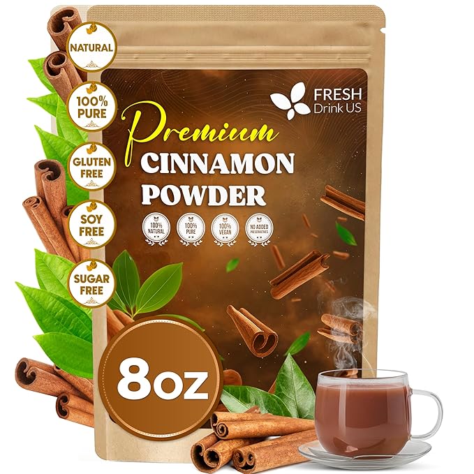 FreshDrinkUS, Premium Cinnamon Powder 8oz – Pure Ground Cinnamon for Baking, Cooking, Smoothies, and Tea – Freshly Packed in Resealable Pouch