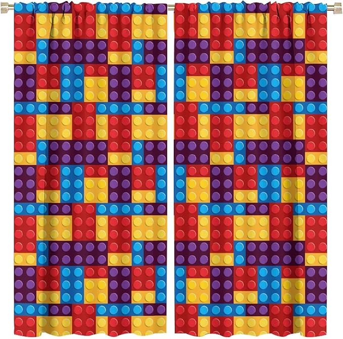 Building Block Colored Curtains, Children's Themed Curtains Collection Building Block Patchwork Cartoon Print Curtains, Light Trim 2 Panel Set Rod Pockets 52x84in
