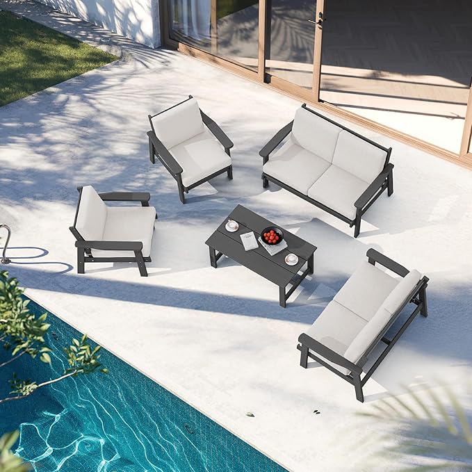 SERWALL HDPE Patio Furniture Set, 5 Piece All Weather Wood-Like Sectional Outdoor Furniture Set, Grey Patio Sofa Couch with Khaki Cushions for Deck, Lawn