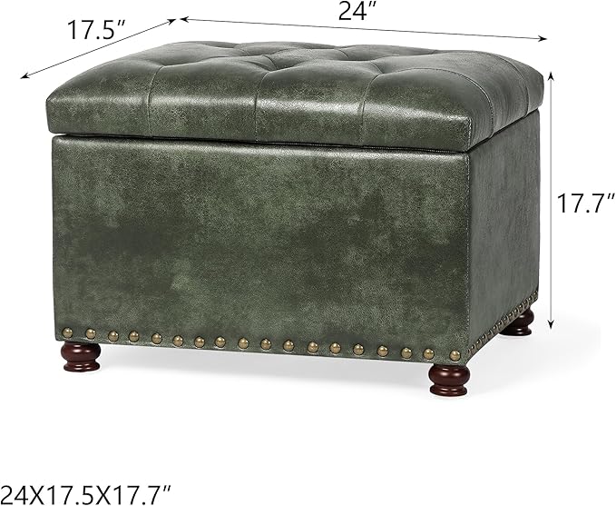 24'' Leather Ottoman with Storage Rectangle Foot Rest Ottomans Stool for Living Room(Green,Leather Texture)