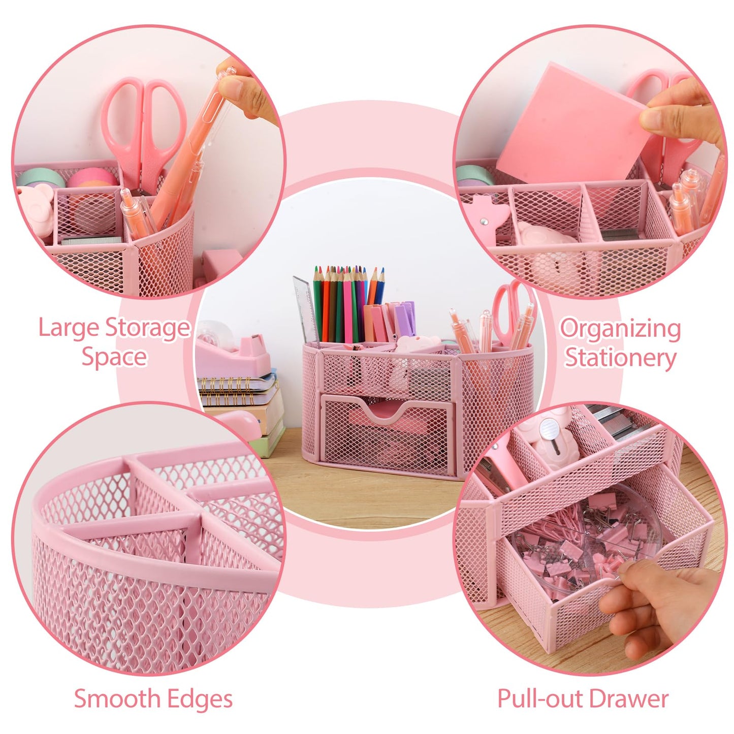 PrintPulse Pink Office Supplies for Desk,14pcs Desk Sets and Accessories, Office Supply Kit with Mesh Desktop Organizer and Stapler,Staple Remover, Staples,Tape Dispenser,Sticky Tabs,Scissors, Ruler