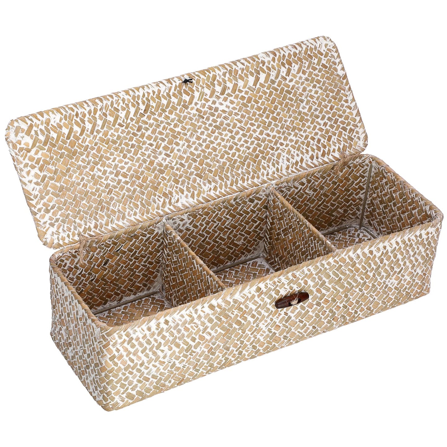 Hipiwe Storage Basket with Lid 3 Sections Handwoven Seagrass Basket Rectangular Closet Organizer Bin Multipurpose Storage Box for Bathroom Shelf Kitchen, Whitewash