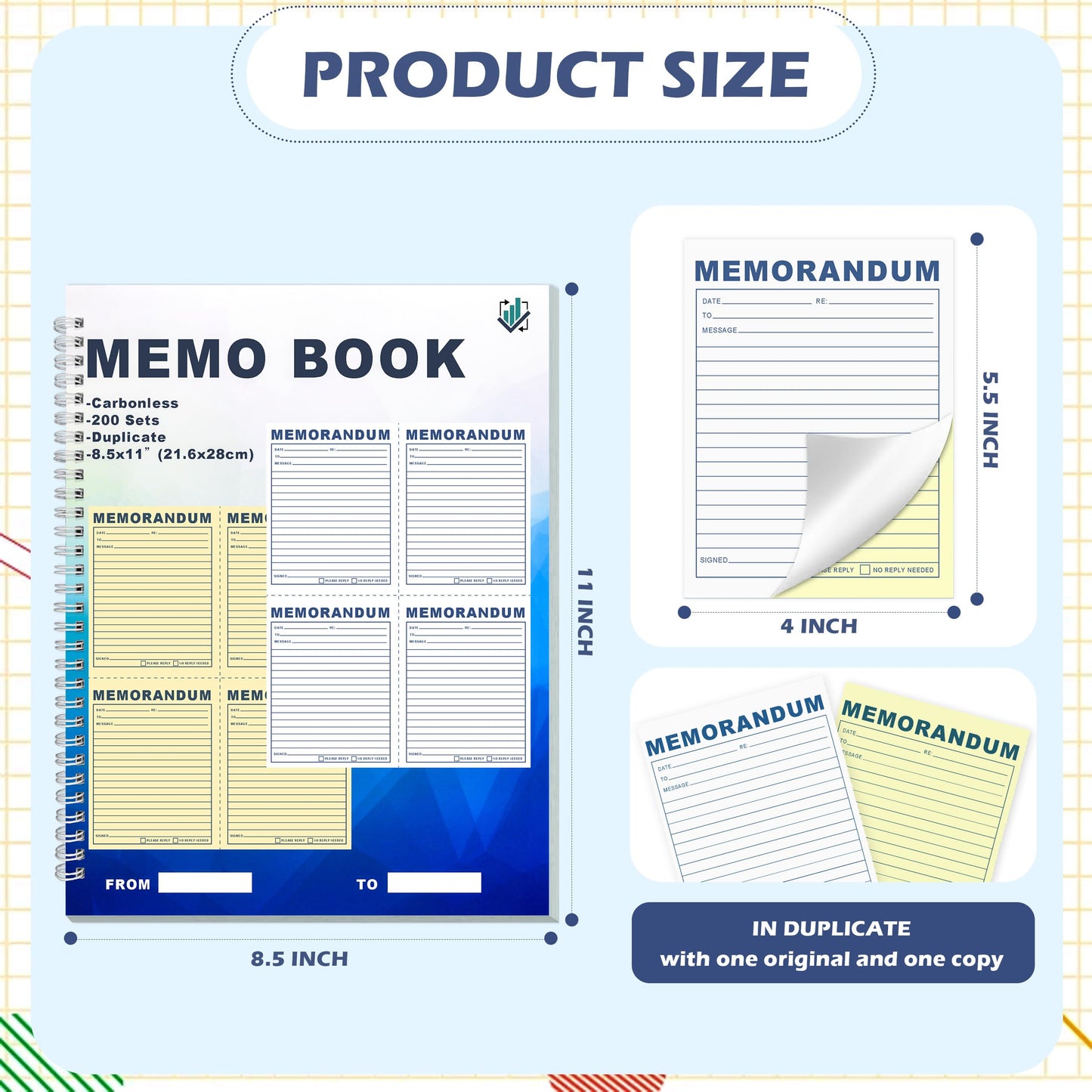 LKTHSEEK Memorandum Forms Book 200 Sets Carbonless 2-Part Duplicate Memo Book 8.5x11 Inches Spiral Bound With Tear Off Line Suitable For Office Or School