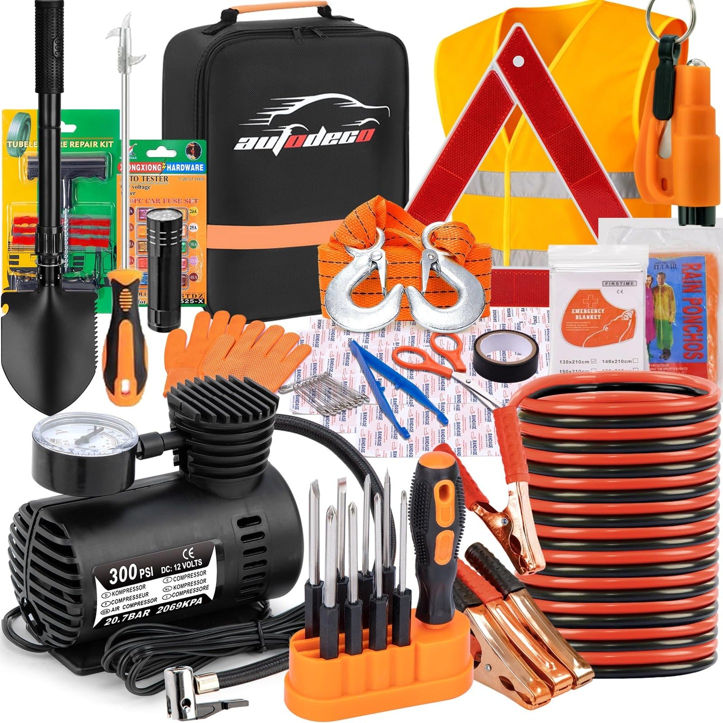 AUTODECO Car Emergency Roadside Assistance Kit with Jumper Cables Tire Inflator Automotive Kit for Car Vehicle（Orange）