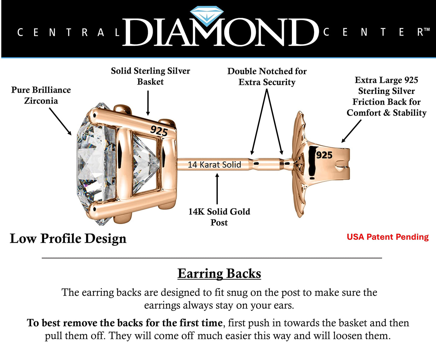 Central Diamond Center 14K Solid Gold Post & Sterling Silver 4 Prong CZ Stud Earrings - Rose Gold Plated - 8.50mm - 5.00cttw