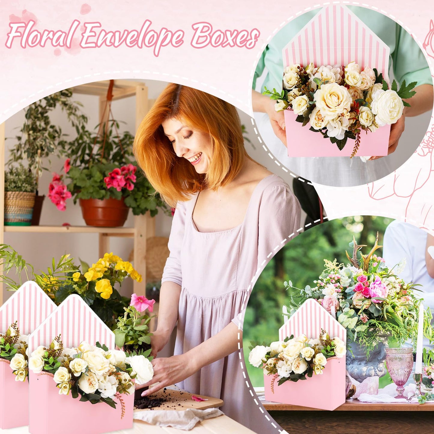 FYSUIMU 12Pcs Mother's Day Floral Envelope Box Empty Flower Stripe Paper Box Florist Bouquet Packaging Box for Valentine's Day Gifts Wedding Birthday Party Arrangements, Pink
