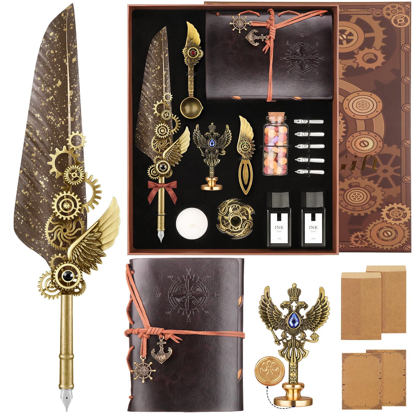 Quill Pen and Ink Set,Calligraphy Pen Set for beginners,Feather Pen Set with Leather Notebook,Pen Holder,5 Replaceable Nibs,Bookmark,Letter Writing Kit & Wax Seal Stamp Kit-Calligraphy Pens Gift Set