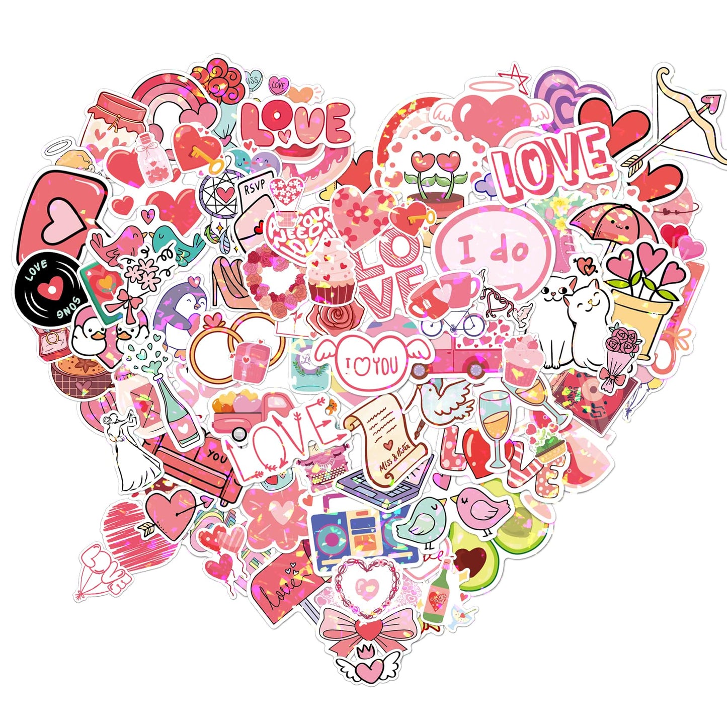 Valentines Stickers, Love Stickers, 100 PCS Holographic Valentine's Day Sticker, Pink Heart Decal Bulk, Waterproof Vinyl Sticker for Waterbottle, Scrapbooking, Envelope Card Mailbox Classroom Gift