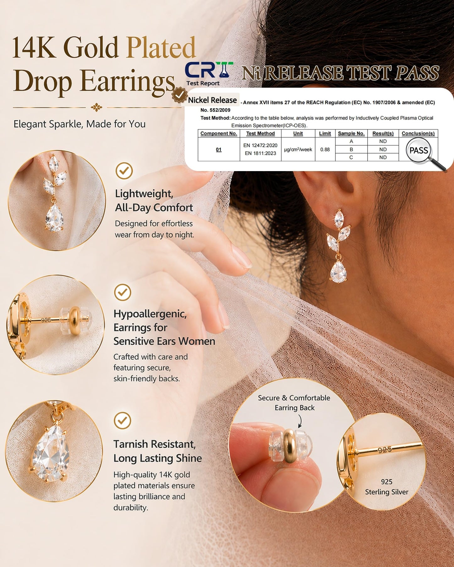 Asdecy Dangle Earrings for Women 14K Gold Plated Drop Dangle Cubic Zirconia Elegant Prom Bridal Bridesmaid Wedding Dangling Jewelry