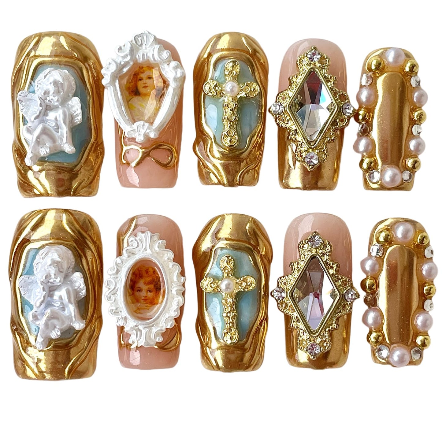 Handmade Press On Nails Luxury Baroque Gold Cross, Cherubs & Pearl Frames | Medium/Short Square | Reusable Thick Acrylic False Nails (Baroque, S)
