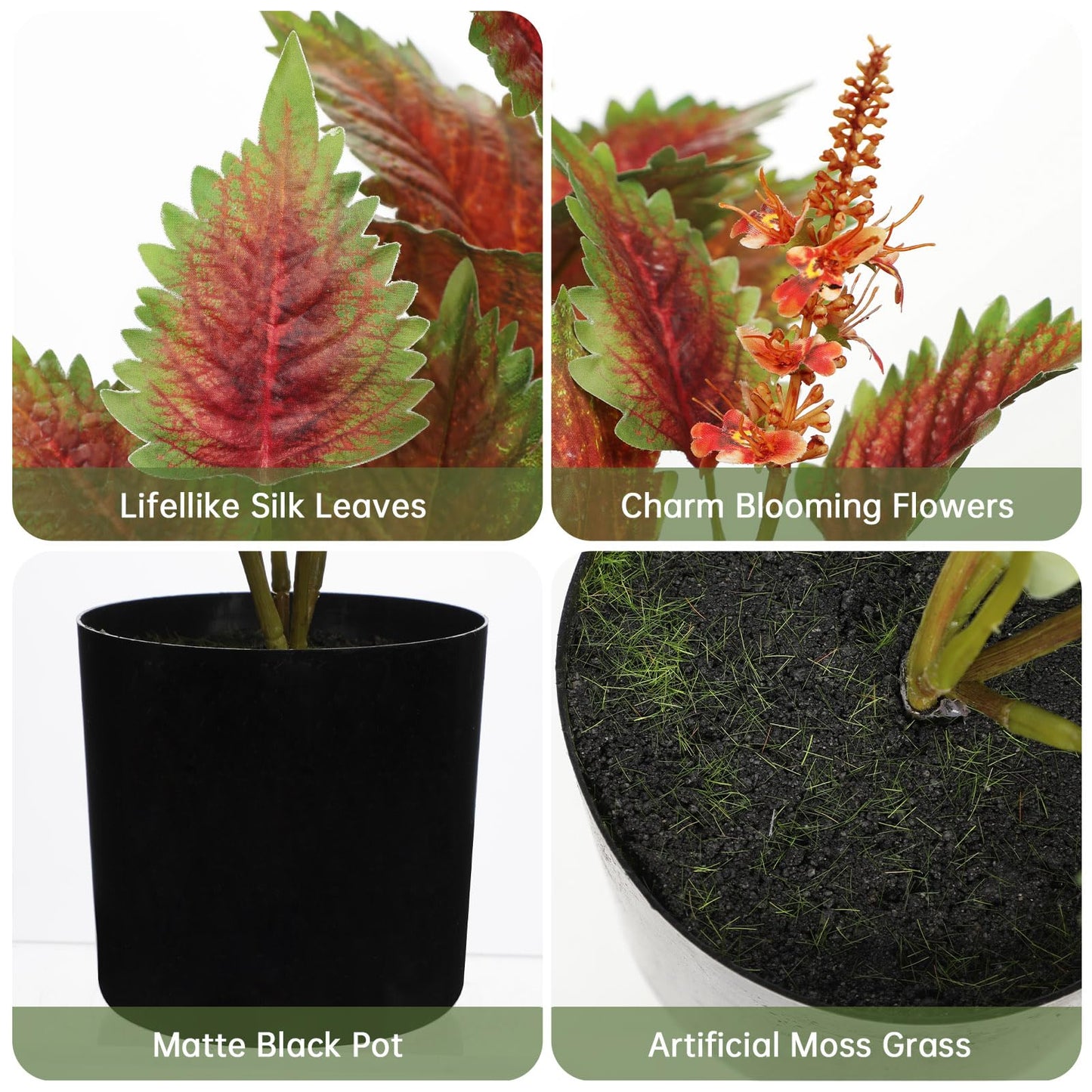 Artificial Plants Indoor with Pot 16.9" Faux Potted Perilla Plants Indoor Decorative Silk Greenery in Black Pot for Farmhouse Home Bathroom Living Room Office Table Shelf Decor