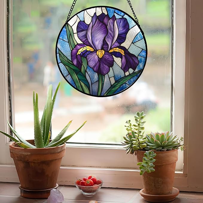 Stained Glass Window Hanging - Iris Birth Flower Suncatcher for Doors Garden Yard Purple Blue Sun Catchers Decor Christmas Mother's Day Birthday Gifts for Teacher Women Mom Nana 11.8 in