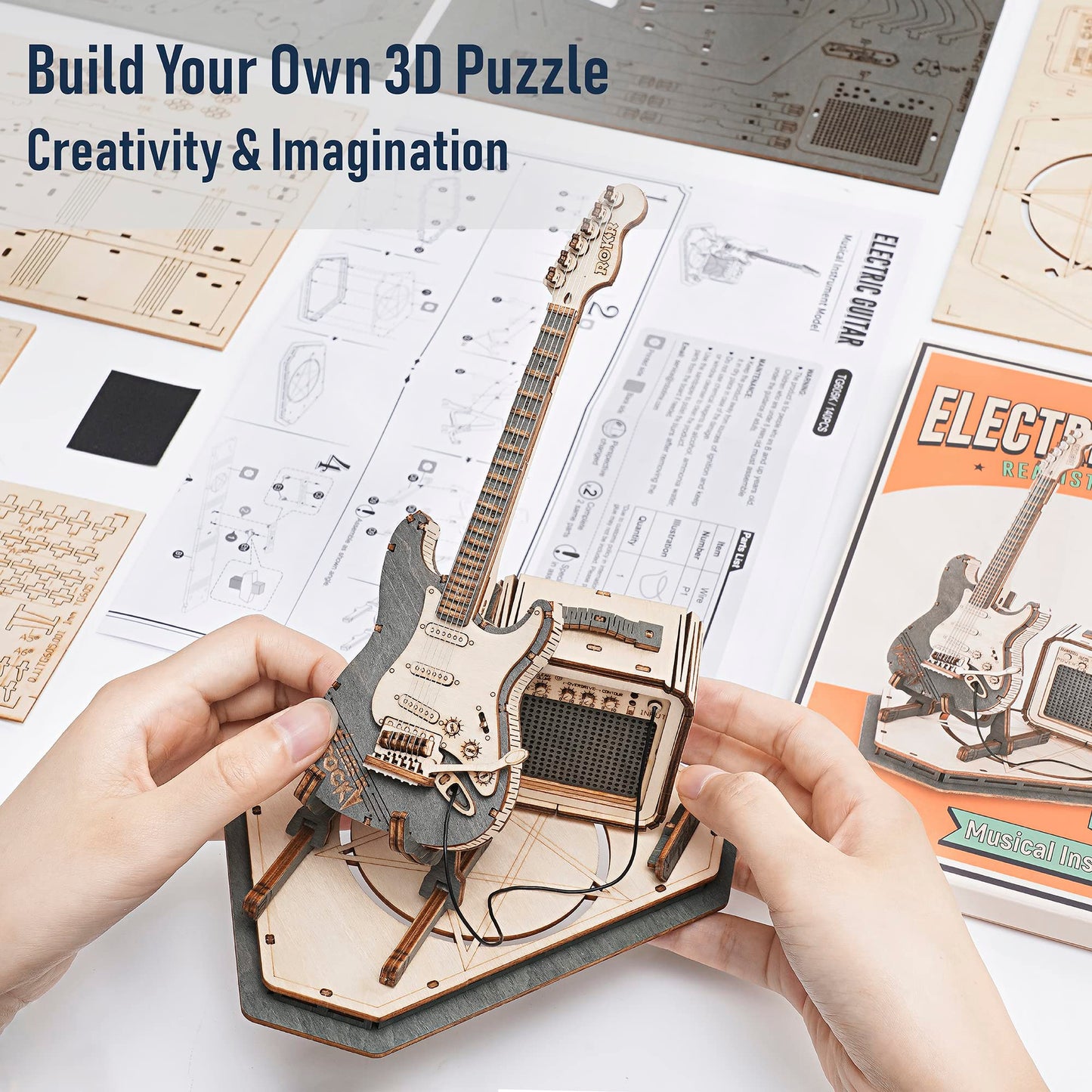 ROKR Wooden 3D Puzzles for Adults Guitar, Musical Instrument Model Kit 3D Puzzles to Build, Desk Decor/DIY Hobbies/Gifts (Electric Guitar)