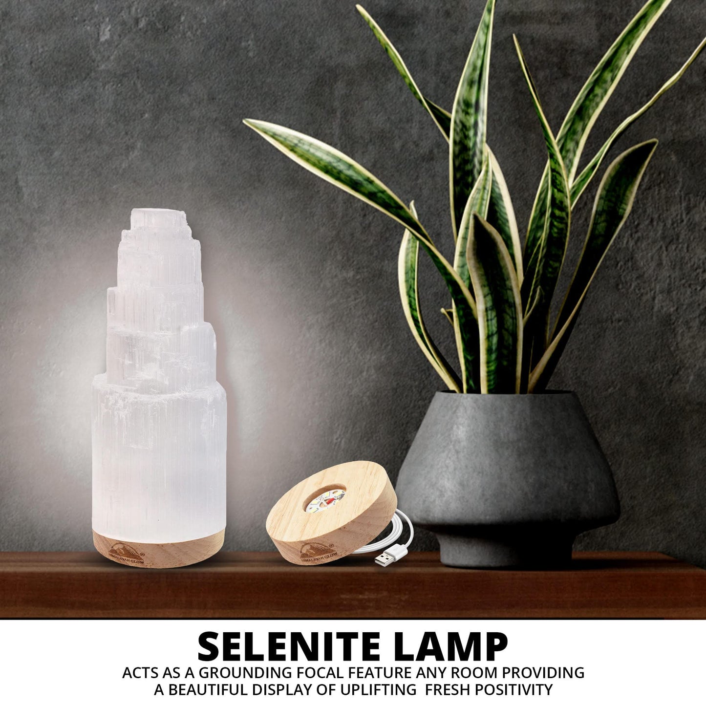 Himalayan Glow Selenite Crystal Lamp 20cm, Hand Curved Morocco |Skyscraper| Crystals and Healing Stones,(ETL Certified) with Wooden Base & USB Charging Cable For Healing Cleansing & Meditation