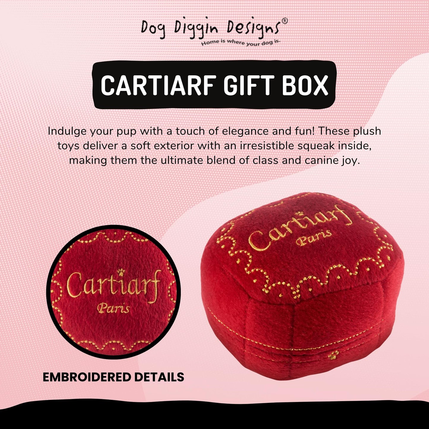 Dog Diggin Designs Cartiarf Plush Dog Toy Box | Luxury-Inspired Parody Designer Gift Box with Squeaker, Soft Plush Interactive Dog Toy – Thinking Outside The Box