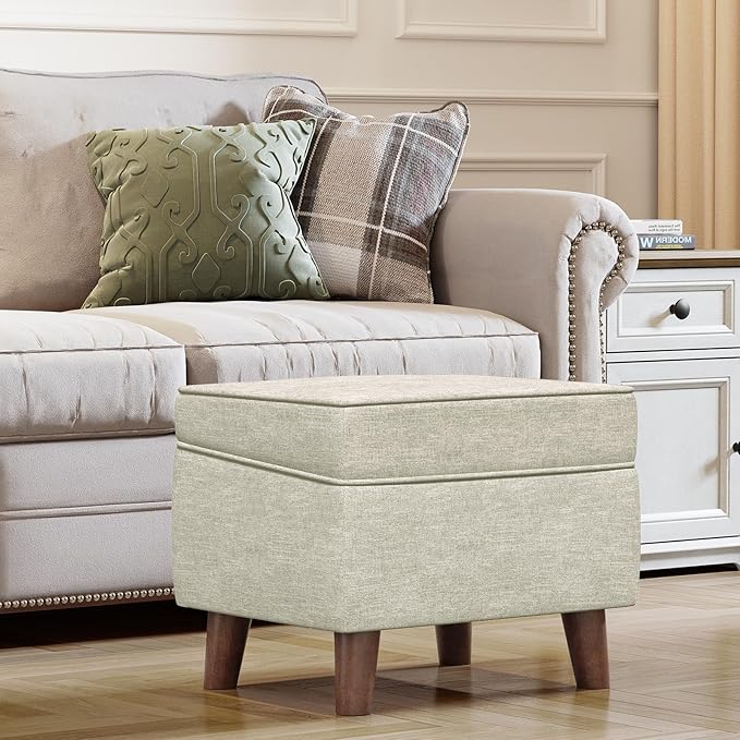 Foot Rest with Adjustable Cover, 18" Storage Ottoman Dorm, Footstool and Sitting Stool, Ottoman Foot Stools for Living Room, Bedroom, Dorm, Beige