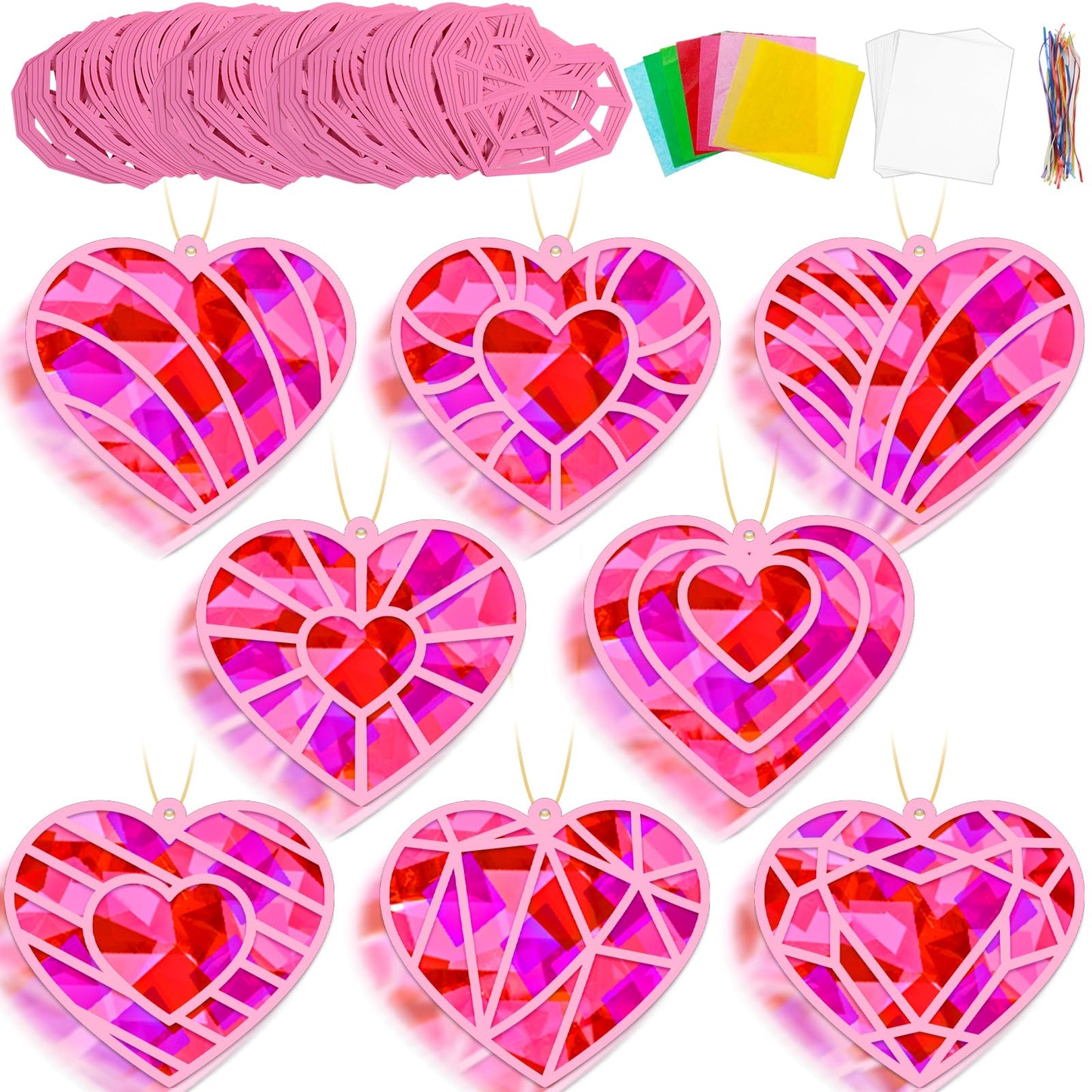 32 Sets Valentines Day Heart Suncatchers Craft Kit DIY Window Stained Glass Effect Valentines Heart Paper Crafts Home School Classroom Decoration Birthday Gift Creative Art Project & Activity Game