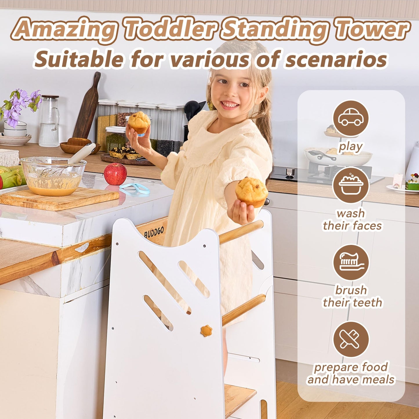 Toddler Standing Tower with Safty Rail & Non-Slip Pads, 3 Height Adjustable Toddler Tower with Chalkboard, Great for Kitchen Activities, Hand Washing & Creative Play, White