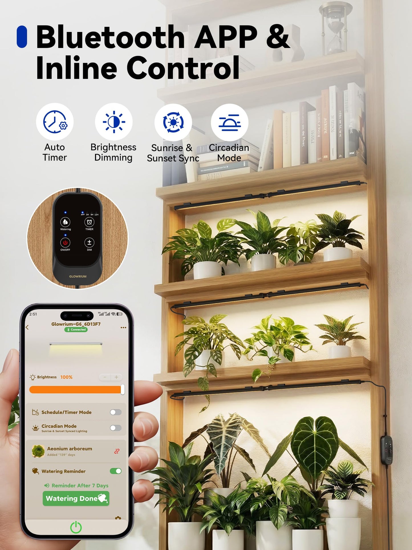 GLOWRIUM Smart Grow Lights for Indoor Plants with APP, Full Spectrum Grow Lights for Seed Starting, G6 Plant Light Strip with auto Timer, 3 Angle dimming Levels for Plant Shelf, 6-Pack (Black, 48W)