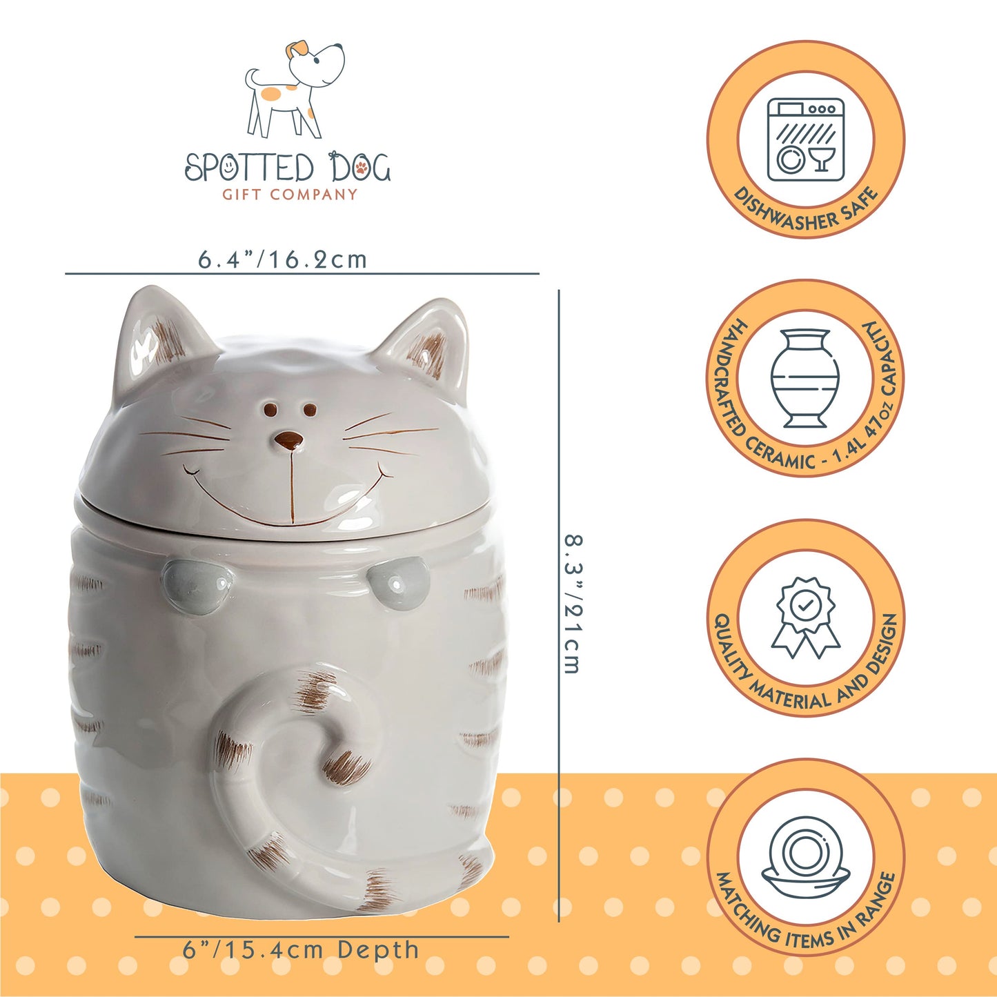 SPOTTED DOG GIFT COMPANY Ceramic Cookie Jar with Lid, Large Cat Treat Container for Cookies & Biscuits, Cute Novelty Kitchen Storage for Countertop, Gifts for Cat Lovers - 47oz Gray